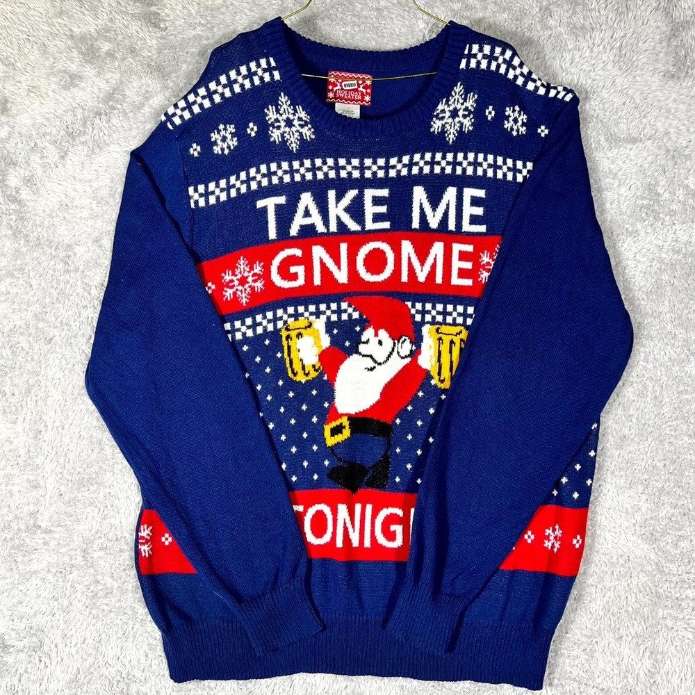 Hybrid Holiday Sweater Mens Medium Red Navy Take Me Gnome Tonight Ugly Christmas